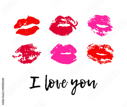 Hand drawn fashion illustration lipstick kiss. Female card with red lips. Romantic vector print isolated on white background