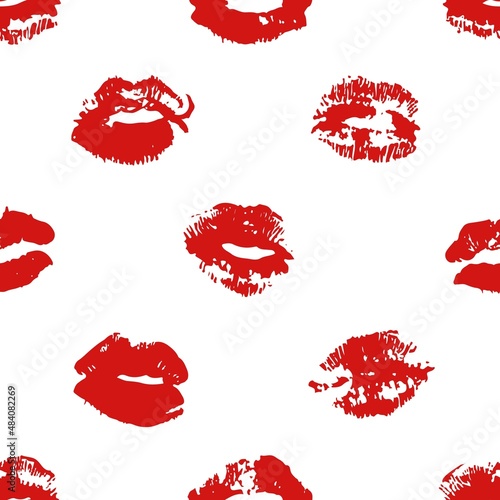 Hand drawn fashion illustration lipstick kiss. Female seamless pattern with red lips. Romantic vector background
