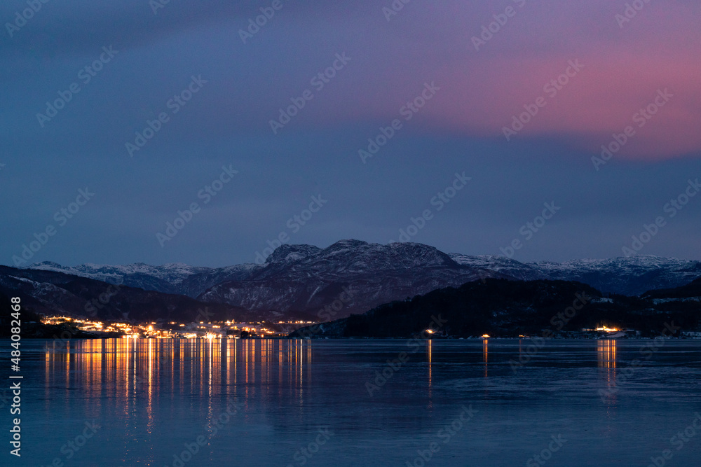 sunset night ice water landscape Fjord Etnesjøen Norway
