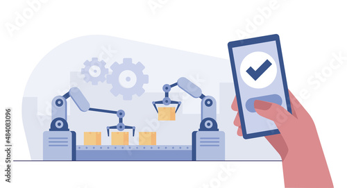 The phone is connected to the industry. Industry 4.0 factory works robotic arm. Smart industrial revolution