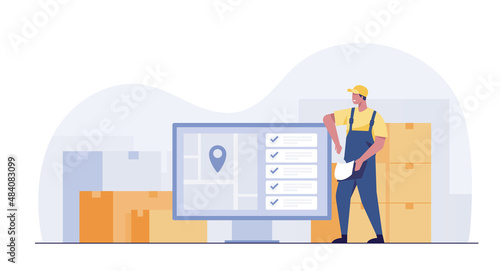 Inventory management with goods demand and stock supply tiny person concept