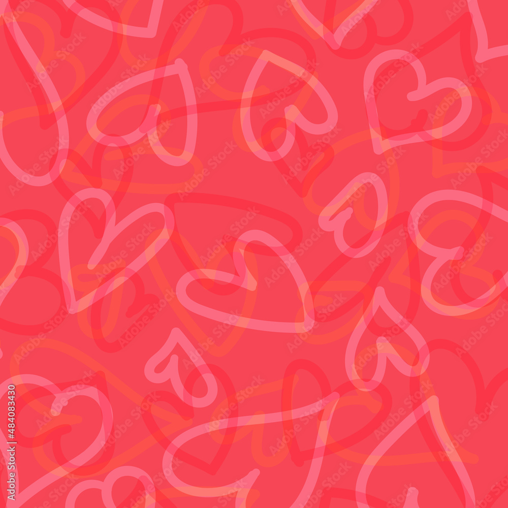 Seamless romantic pattern with hand drawn red hearts. Colorful doodle hearts on red background. Ready template for design, postcards, print, poster, party, Valentine's day, vintage textile. Vector. Seamless romantic pattern with hand drawn red hearts. Colorful doodle hearts on red background. Ready template for design, postcards, print, poster, party, Valentine's day, vintage textile. Vector.