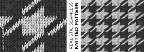 Vector template of realistic houndstooth knitted pattern. Seamless texture of classic fashion textile print on knitwear. Detailed monochrome ornament for background, wallpaper, website backdrop.