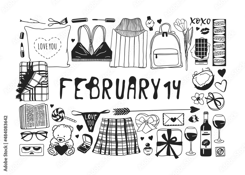 Fototapeta premium Hand drawn Fashion Illustration Romantic Objects and quote. Creative ink art work. Actual vector drawing of Holiday things. Happy Valentine's Day set and text