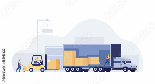 Workers loading goods onto trucks in a warehouse.
