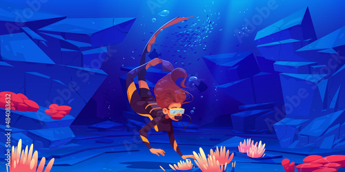 Young woman scuba diver explore sea bottom with seaweeds and corals. Girl in mask and costume explore underwater tropical reef, ocean world, female character snorkeling, Cartoon vector illustration