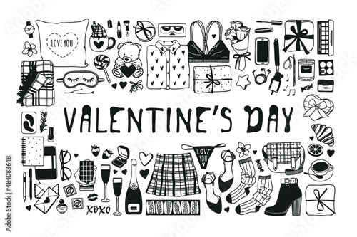 Hand drawn Fashion Illustration Romantic Objects and quote. Creative ink art work. Actual vector drawing of Holiday things. Happy Valentine's Day set and text