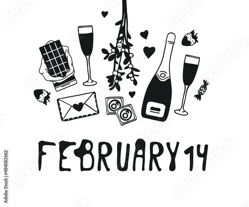 Hand drawn Fashion Illustration Romantic Objects and quote. Creative ink art work. Actual vector drawing of Holiday things. Happy Valentine's Day set and text 