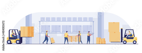 Warehouse process and management, Warehouse Workers Loading, Stacking Goods with Electric Hand Lifters and Forklift Truck.
