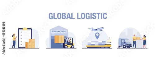 Global logistic chain. International supply, distribution, warehouse. Illustration