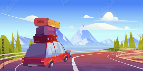 Car with luggage on roof drive on overpass road on lake shore with mountains on horizon. Vector cartoon illustration of summer landscape with highway bridge, river, white rocks and auto with suitcases