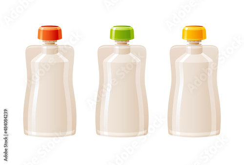 Pouch package. Baby food pack bag. Blank mockup, pouch with lid cap, spout for drink juice, yogurt liquid puree, sauce. Plastic doypack packaging. 3d Doy mock up clear design. White foil flexible pack
