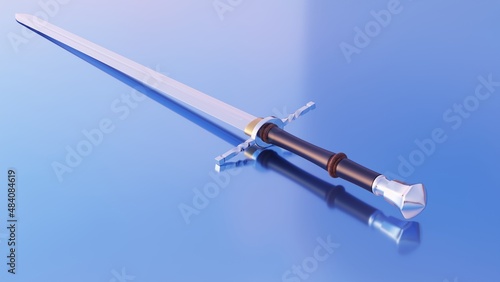 Metal sword on a blue background with clouds. Medieval period concept. 3d rendering