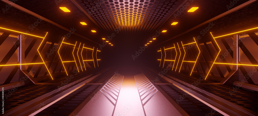 Obraz premium Red futuristic scifi space hangar tunnel corridor 3d illustration