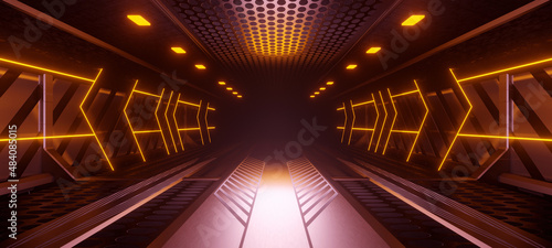 Red futuristic scifi space hangar tunnel corridor 3d illustration