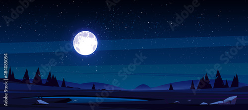 Meadow with grass, pond, conifers and hills on horizon at night. Vector illustration of summer landscape of field or pasture with plants, lake, full moon and stars in dark sky