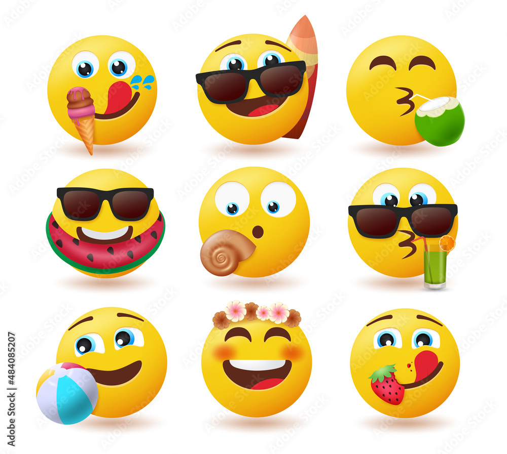 Emoji summer emoticon vector set. Emojis characters with summer elements of juice, fruits and floater for tropical season cute emoticons collection. Vector illustration.
