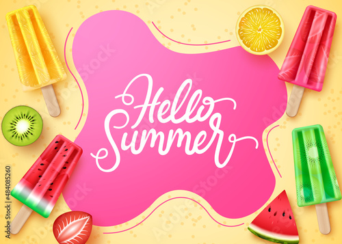 Summer greeting vector template design. Hello summer text in beach sand with popsicles dessert and fruits elements for relax and enjoy tropical holiday messages. Vector illustration.

