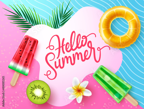 Summer vector background design. Hello summer typography text in abstract space with popsicles, floater and fruits flavor element for colorful tropical holiday season. Vector illustration.
