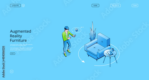 Augmented reality furniture banner. AR technologies, smart app for mobile phone with virtual interior store catalog. Vector landing page with isometric man with smartphone, armchair and table
