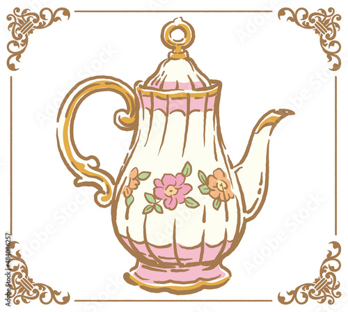 アンティークなお花模様のティーポット。ベクターイラスト素材