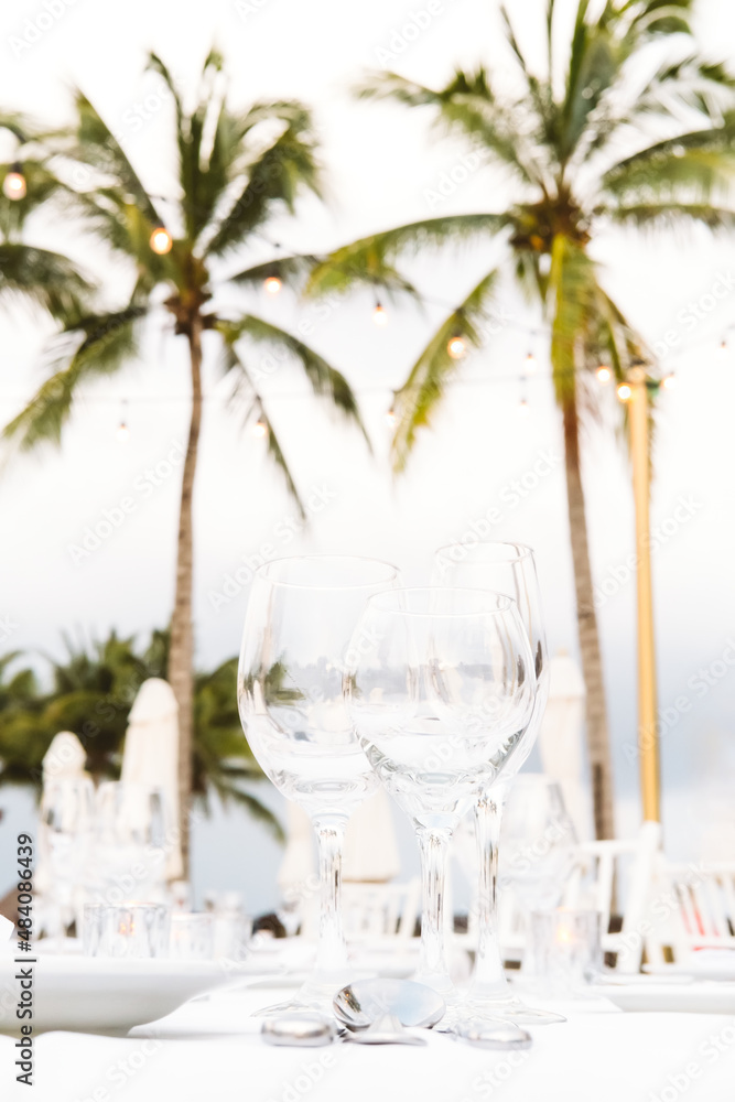 Festive serving with glasses for an outdoor celebration with garland lamps and palms at the background. Wedding, anniversary, birthday dinner and party. Toned image with place for text