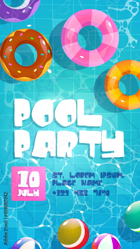 Pool party poster, summer background with colorful inflatable rings and balls float in swimming pool top view. Cartoon invitation flyer, card for summertime vacation entertainment, Vector illustration