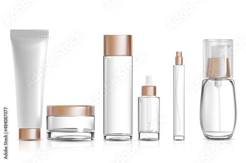 Realistic Detailed 3d Different Cosmetic Container Mock Up Set Include of Bottle, Tube and Jar. Vector illustration