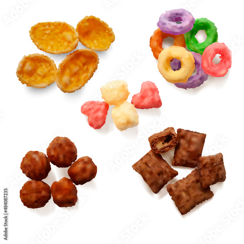 Realistic Detailed 3d Different Crispy Breakfast Cereals Set Dry Cornflakes. Vector illustration of Crunchy Healthy Morning Meal