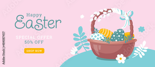 Easter holiday. Basket with colored eggs. Concept for an advertising banner. Vector image. 