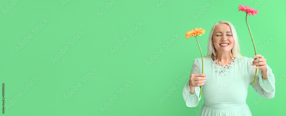 Smiling mature woman holding gerbera flowers on green background with space for text. International Women's Day celebration