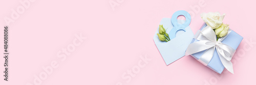 Obraz na plátně Gift box with flowers and envelope for International Women's Day on color backgr