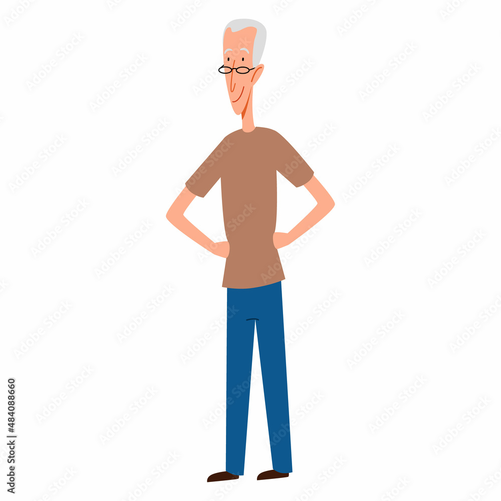 Fototapeta premium A gray-haired, thin man with his hands on his waist. Vector illustration in a flat cartoon style.