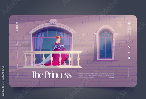 The princess cartoon landing page, medieval royal girl in crown and dress stand at palace balcony with railings. Invitation to cosplay event, costume ball, fairy tale game, book, Vector web banner