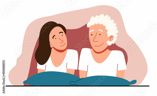 A couple of men and women lying in bed. A guy and a girl are talking under a blanket. Vector illustration in a flat style.