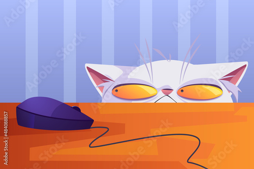 Cat hunt on computer mouse lying on table. Cartoon curious pet with white fur and squinted yellow eyes peeping out from under the table looking on electronic device from laptop, Vector illustration