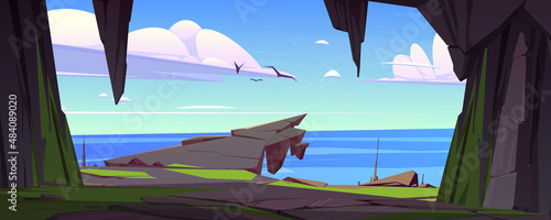 Cave seaview landscape, hole in mountain with rock cliff, ocean and gulls flying in blue sky. Cartoon tranquil nature background with hidden cavern and sea, summer travel landmark, Vector illustration