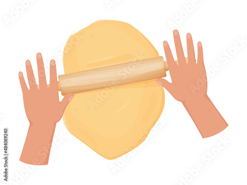 Hands with fresh dough and rolling pin. Rolled out dough for baking, pizza, cookie, biscuit, bread.