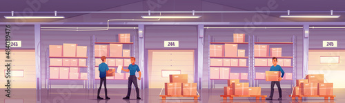 Warehouse with workers, cardboard boxes on shelves and pallets. Vector cartoon illustration of storage room interior with goods on metal racks, closed gates with rolling shutter and storehouse staff