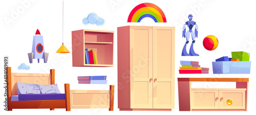 Boys bedroom furniture, bed, bookshelf, cupboard and toys box. Vector cartoon set of kids room interior with nightstand, books, ball, rocket and robot toys, wall stickers isolated on white background