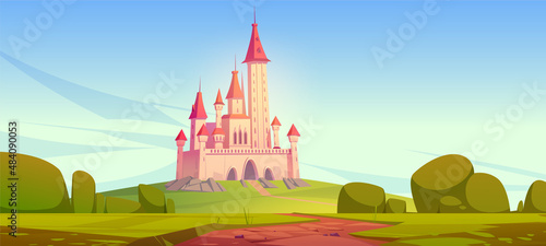 Road to fairy tale castle on hill. Vector cartoon illustration of summer landscape of fantasy kingdom with royal palace with towers. Medieval chateau on green fields with path and bushes