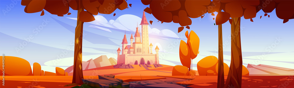Autumn landscape with road to castle on hill. Vector cartoon illustration of fall landscape of fairy tale kingdom with royal palace with towers, stones and orange leaves on trees