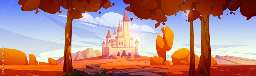 Autumn landscape with road to castle on hill. Vector cartoon illustration of fall landscape of fairy tale kingdom with royal palace with towers, stones and orange leaves on trees Autumn landscape with road to castle on hill. Vector cartoon illustration of fall landscape of fairy tale kingdom with royal palace with towers, stones and orange leaves on trees