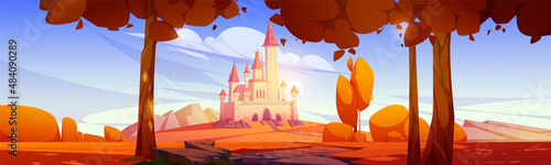 Autumn landscape with road to castle on hill. Vector cartoon illustration of fall landscape of fairy tale kingdom with royal palace with towers, stones and orange leaves on trees © klyaksun