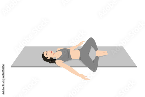 Reclining Bound Angle Pose, Reclining Cobbler Pose, Reclining Fixed Angle Pose. Beautiful girl practice Supta Baddha Konasana. Young attractive woman practicing yoga exercise. working out, black