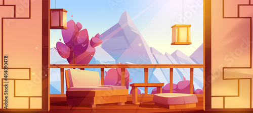 Japanese house terrace, wooden balcony with table, couch and view to mountains and sakura trees. Vector cartoon illustration of veranda with fence, asian lanterns and paper walls