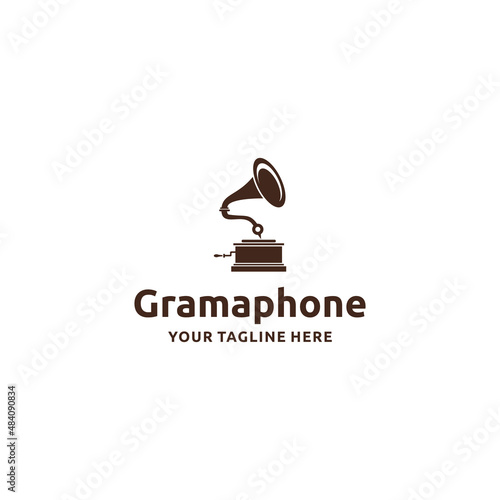 Gramophone with turntable and tube. phonograph for vinyl records. vintage style logo or label. Record player icon. Music concept. vector silhouette illustration