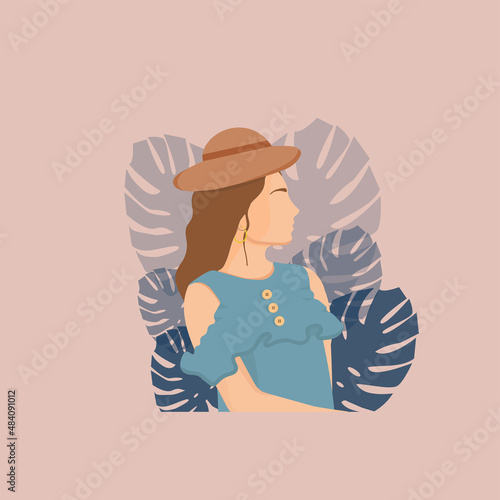 Vector illustration of a girl in the tropics. Silhouette of a girl in profile with an elegant hat and blouse. The background is represented by tropical monstera plants. Design for clothes, cards etc