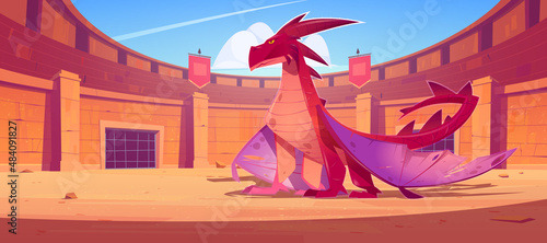 Red dragon on ancient arena for gladiators fight. Vector cartoon fantasy illustration of fighting amphitheater with stone columns, flags and scary magic beast with wings