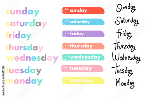 Every day digital planner stickers.Colorful 7 days of week from Monday to Sunday tags.